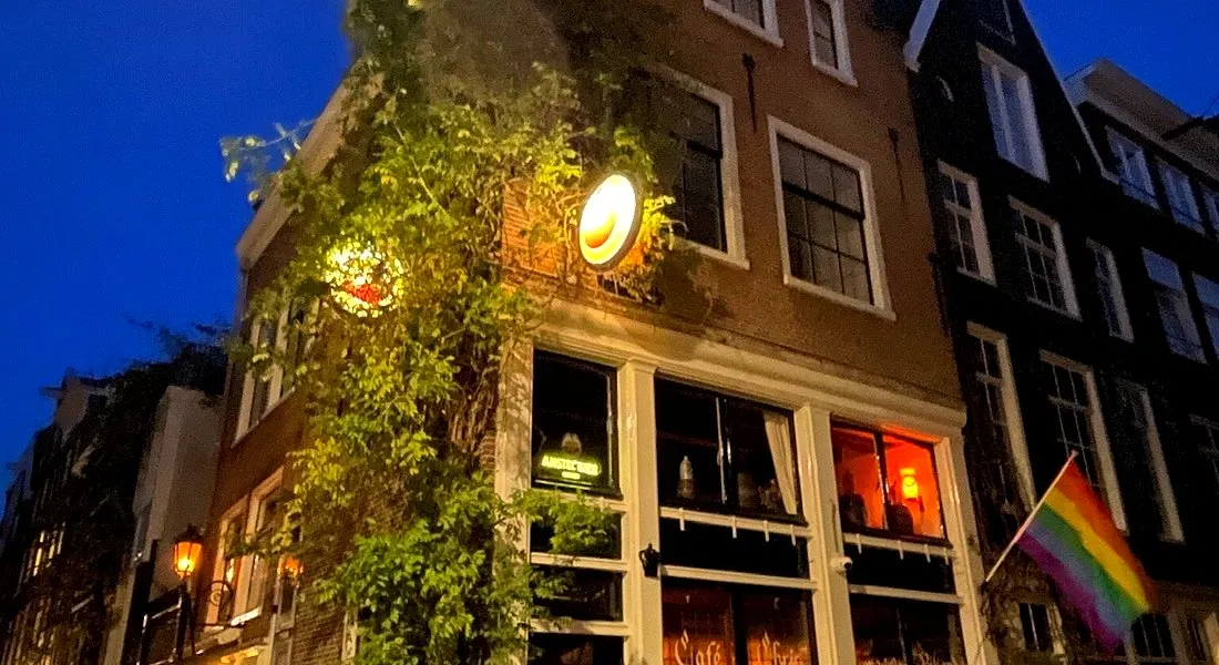 Historic Amsterdam corner cafe at night with glowing round signs, ivy climbing the brick facade, warm light in the windows and a rainbow flag