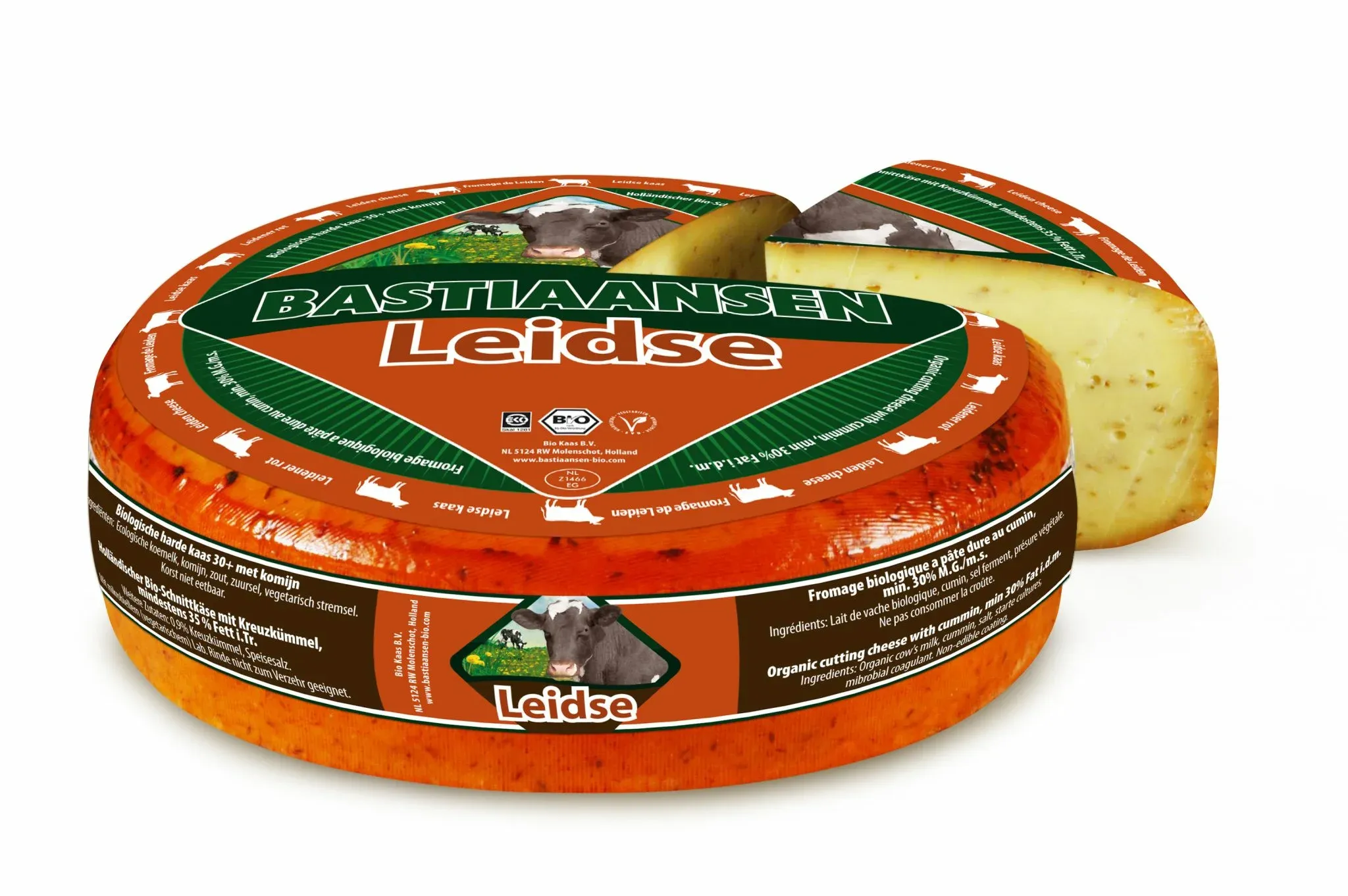 A wheel of Leidse cheese with an orange Bastiaansen label and a cut wedge showing cumin seeds inside